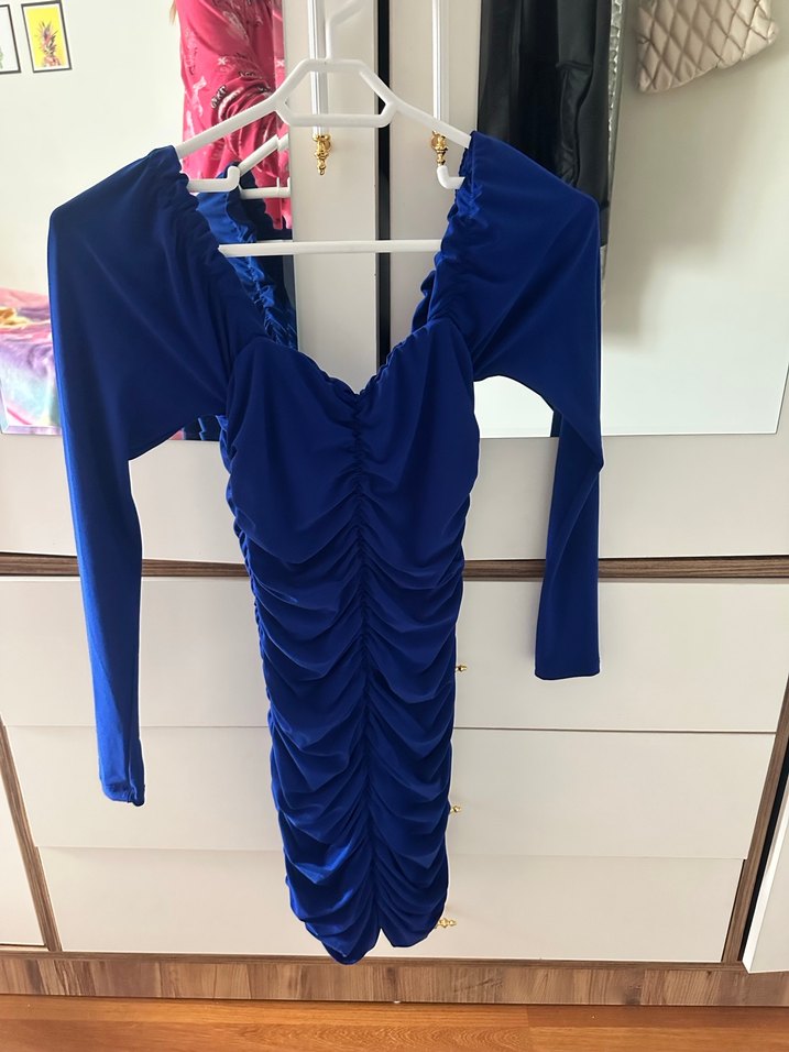 Drapeli V Yakalı Mavi Midi Elbise - Görsel 2