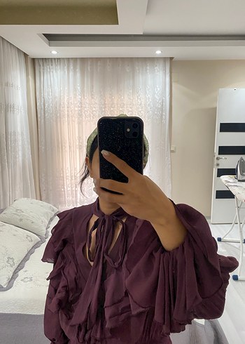 s Beden bordo Renk Bordo Fırfırlı Mini Bohem Elbise