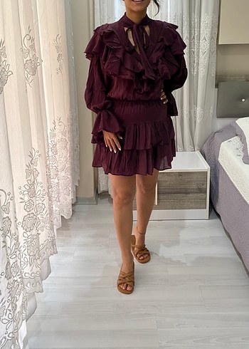 Bordo Fırfırlı Mini Bohem Elbise