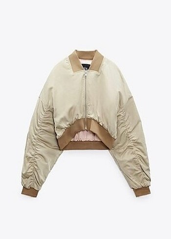 Bej Keten Mini Bomber Ceket