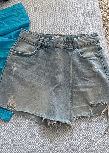 Düğmeli Gri Mavi Kadın Denim Mini Şort