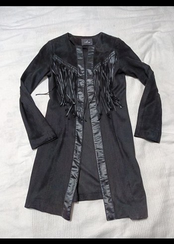 Siyah Süet Püsküllü Uzun Kadın Ceket - Görsel 5