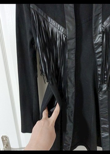 Siyah Süet Püsküllü Uzun Kadın Ceket - Görsel 4