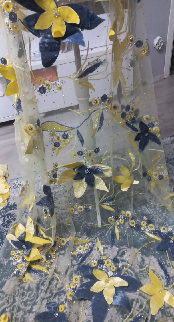 Sarı Nakışlı Bohem kumaş - Görsel 4