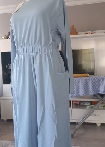Diğer Mavi Uzun Kollu Drapeli Kadın Elbise