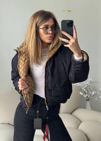 gucci kurk Siyah Kadın Street Style Kış Ceketi - Görsel 2