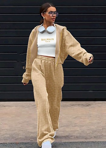 m Beden Balmain Siyah Deri Kadın Sweatshirt ve Pantolon Takımı