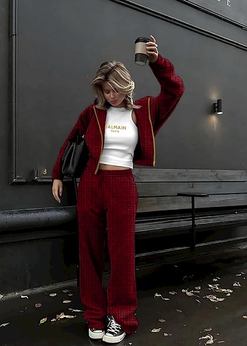 Balmain Balmain Siyah Deri Kadın Sweatshirt ve Pantolon Takımı
