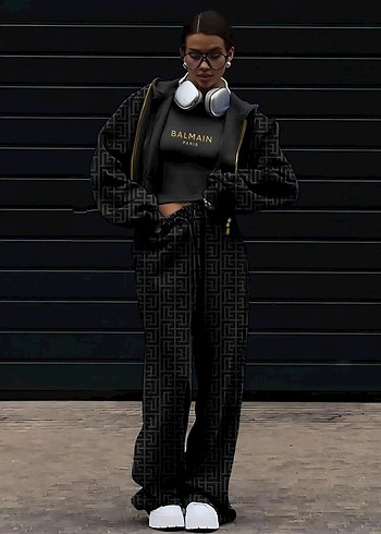 Balmain Siyah Deri Kadın Sweatshirt ve Pantolon Takımı