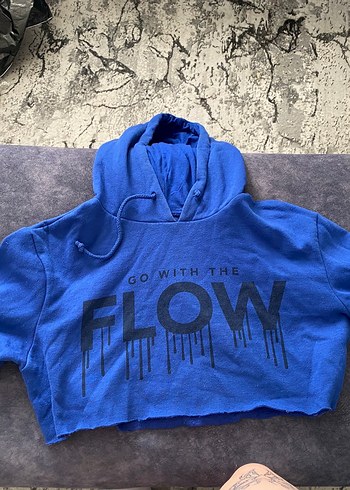 Mavi Kapüşonlu Kısa Sweatshirt
