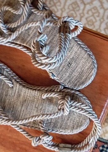 Linen Zincir Detaylı Bohem Halat  Kadın Sandalet - Görsel 6