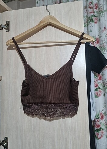 Dantel crop atlet kahverengi 