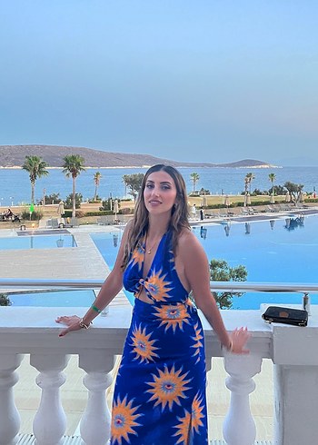 38 Beden Mavi Sırtı Açık Uzun Bohem Elbise