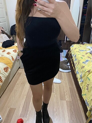 Siyah kadife yüksek bel mini etek