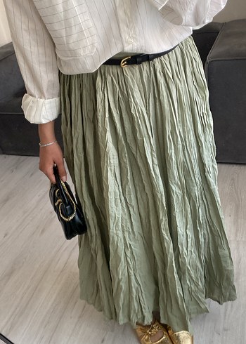 Kadın Keten Piliseli Uzun Etek - Haki H&M muadili