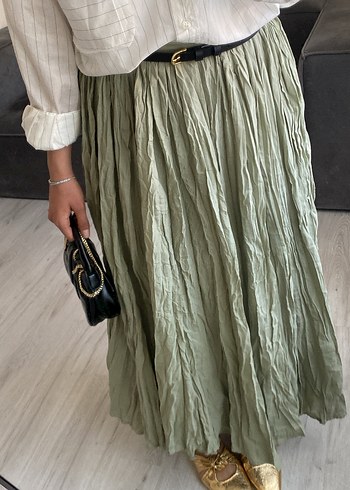 H&M Kadın Keten Piliseli Uzun Etek - Haki H&M muadili