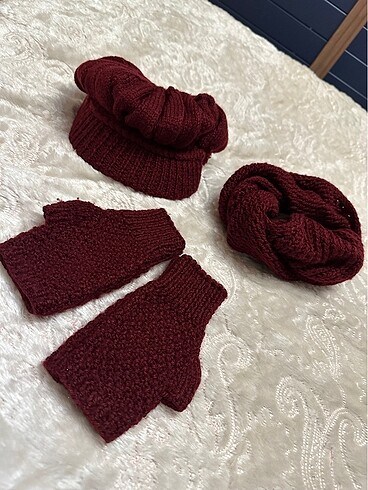 Beden bordo Renk Zara örgü kasket şapkalı boyunluk takım