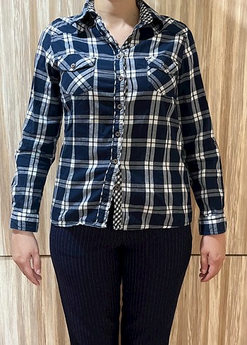 Lacivert Ekose Desenli Kadın Denim Gömlek