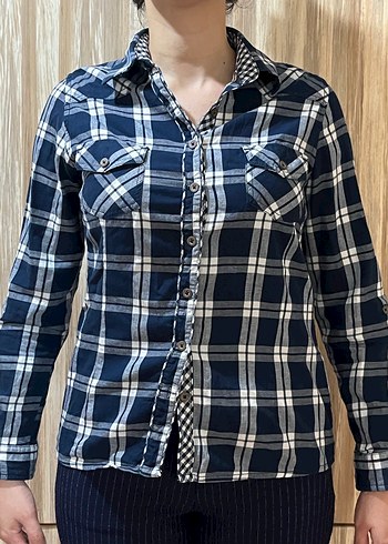 Koton Lacivert Ekose Desenli Kadın Denim Gömlek
