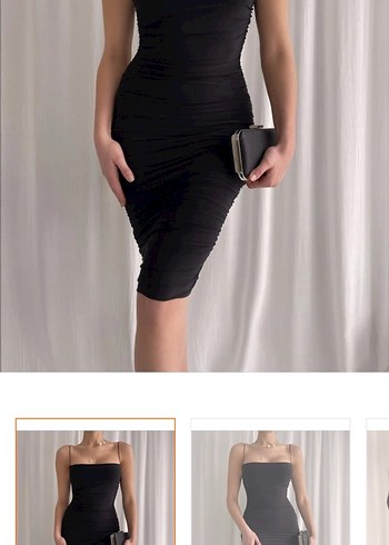 Siyah V Yaka Drapeli Midi Kalem Elbise - Görsel 2