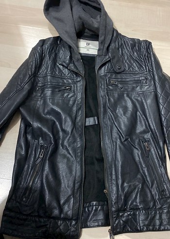 Siyah Deri Biker Ceket Kapüşonlu - Görsel 2