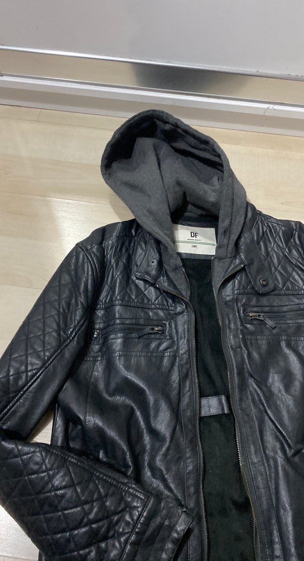 Siyah Deri Biker Ceket Kapüşonlu - Görsel 3