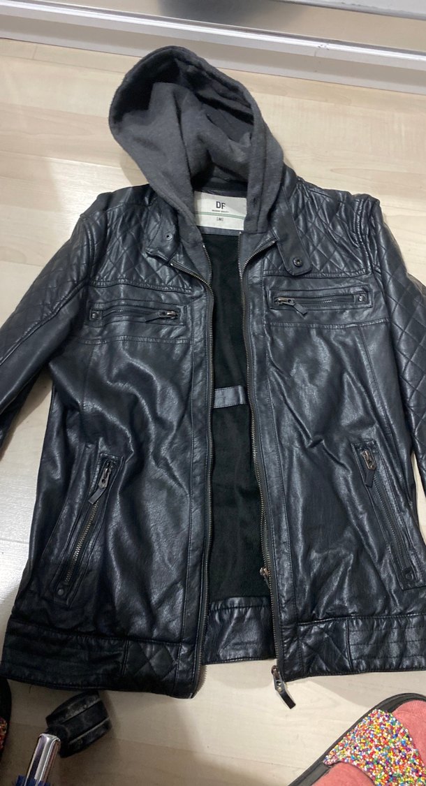 Siyah Deri Biker Ceket Kapüşonlu - Görsel 2