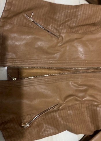 Deri Kadın Biker Ceket, Kahverengi, Fermuarlı - Görsel 4