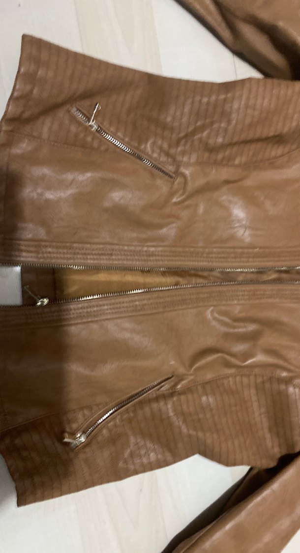 Deri Kadın Biker Ceket, Kahverengi, Fermuarlı - Görsel 4