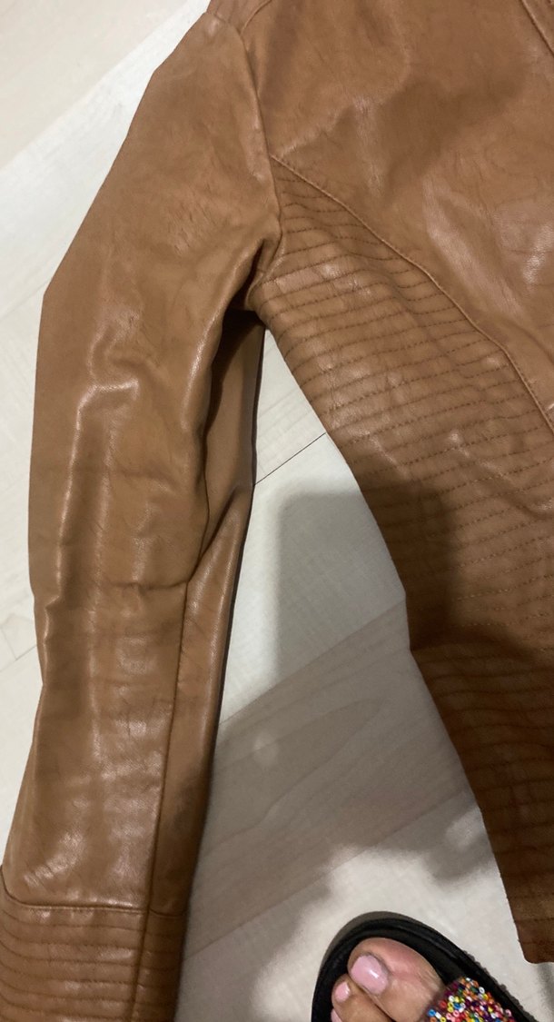 Deri Kadın Biker Ceket, Kahverengi, Fermuarlı - Görsel 3