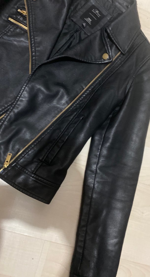 Siyah Parlak Deri Biker Ceket - Görsel 3