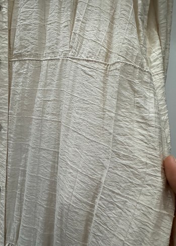 Bej Uzun Kollu Pilili Keten Elbise - Görsel 3