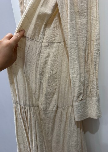 Bej Uzun Kollu Pilili Keten Elbise - Görsel 2