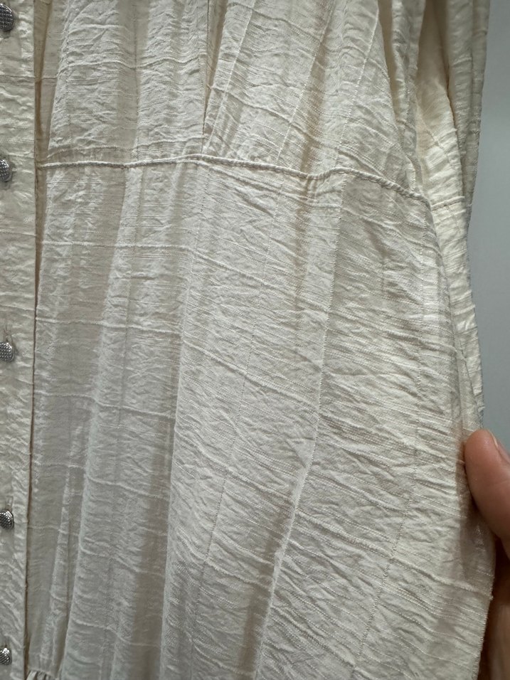 Bej Uzun Kollu Pilili Keten Elbise - Görsel 3