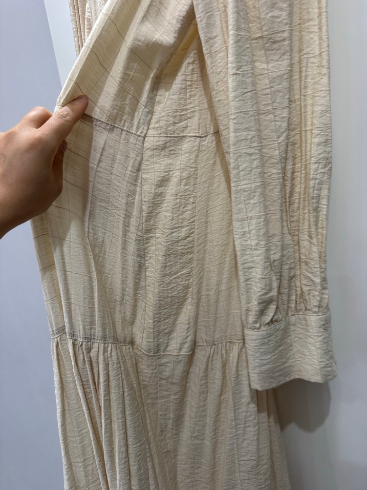 Bej Uzun Kollu Pilili Keten Elbise - Görsel 2