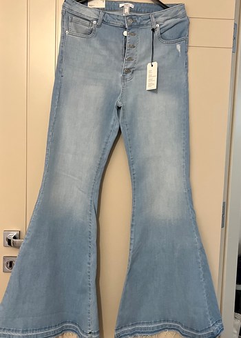 Kadın Mavi Düğmeli Midi Bol Kesim Jean