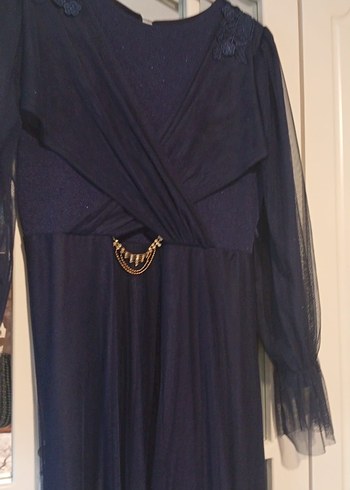 Lacivert V Yakalı Uzun Abiye Elbise - Görsel 2