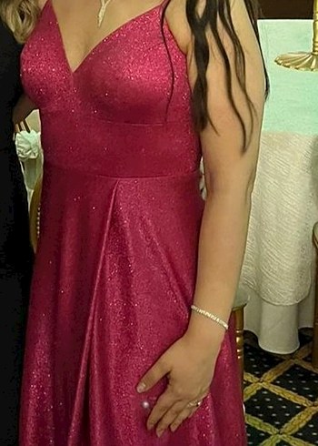 Fuşya Pembe V Yaka Drapeli Uzun Simli Abiye Elbise - Görsel 6