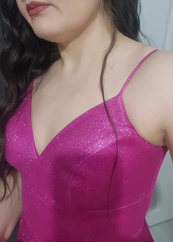 Fuşya Pembe V Yaka Drapeli Uzun Simli Abiye Elbise - Görsel 5