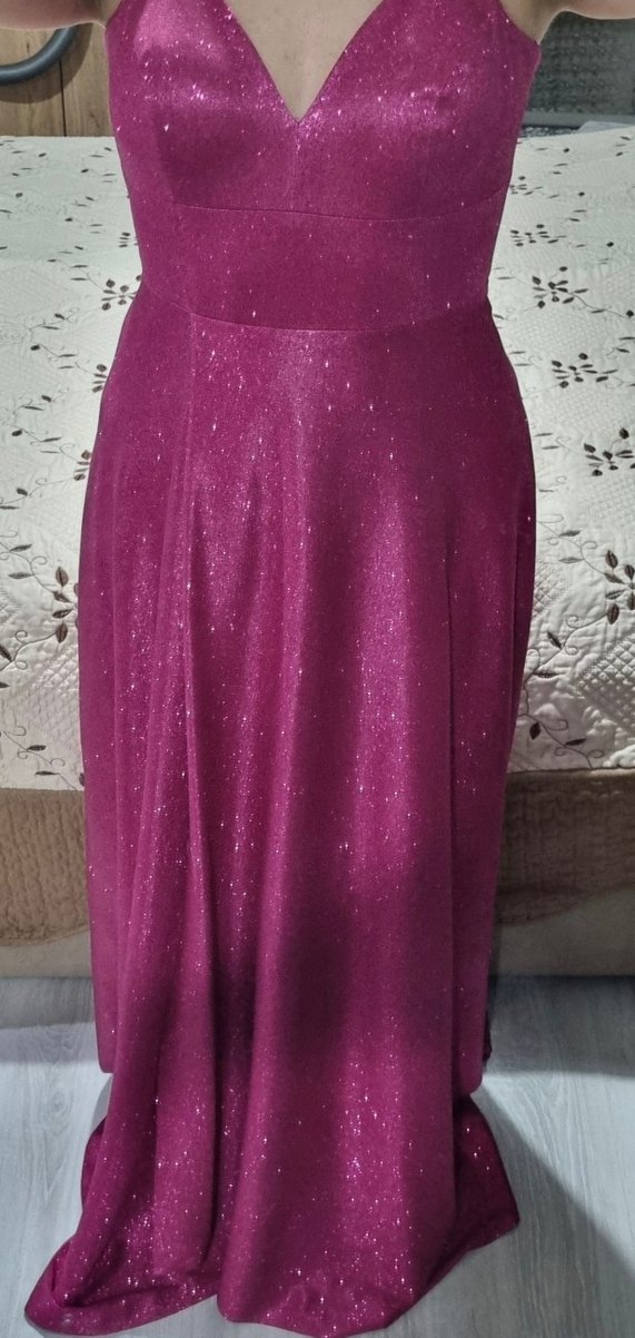 Fuşya Pembe V Yaka Drapeli Uzun Simli Abiye Elbise - Görsel 2