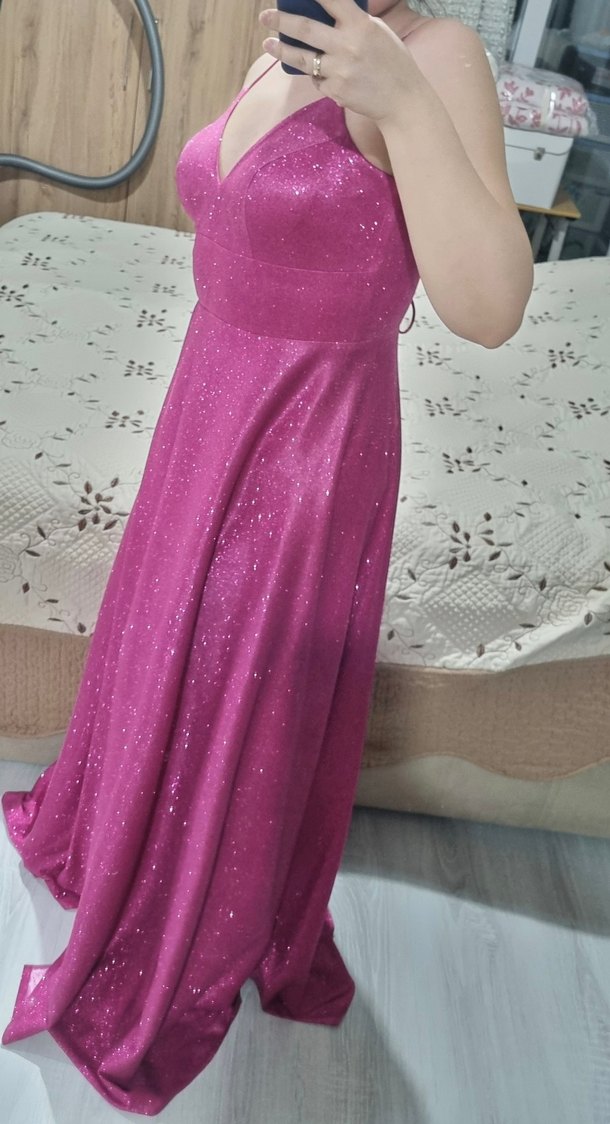 Fuşya Pembe V Yaka Drapeli Uzun Simli Abiye Elbise - Görsel 4