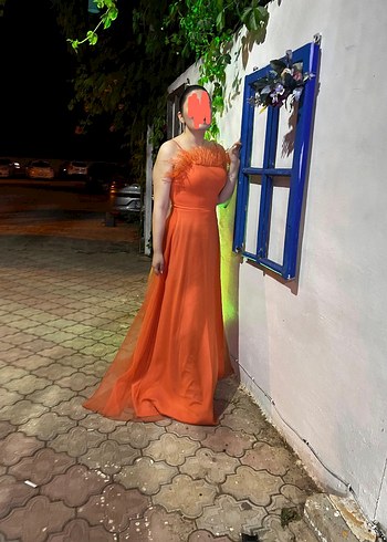 Turuncu İpli Uzun Abiye Elbise - Görsel 5