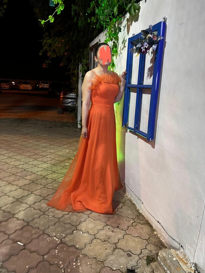 Turuncu İpli Uzun Abiye Elbise - Görsel 5