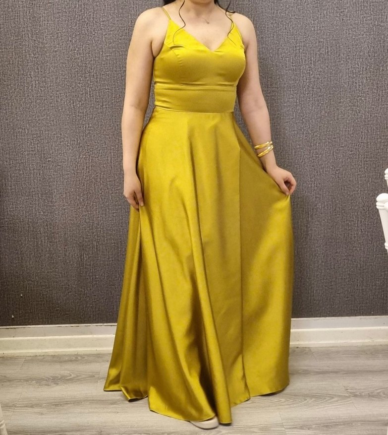 Yağ Yeşili Petrol Sarısı Drapeli Uzun Abiye Elbise - Görsel 2