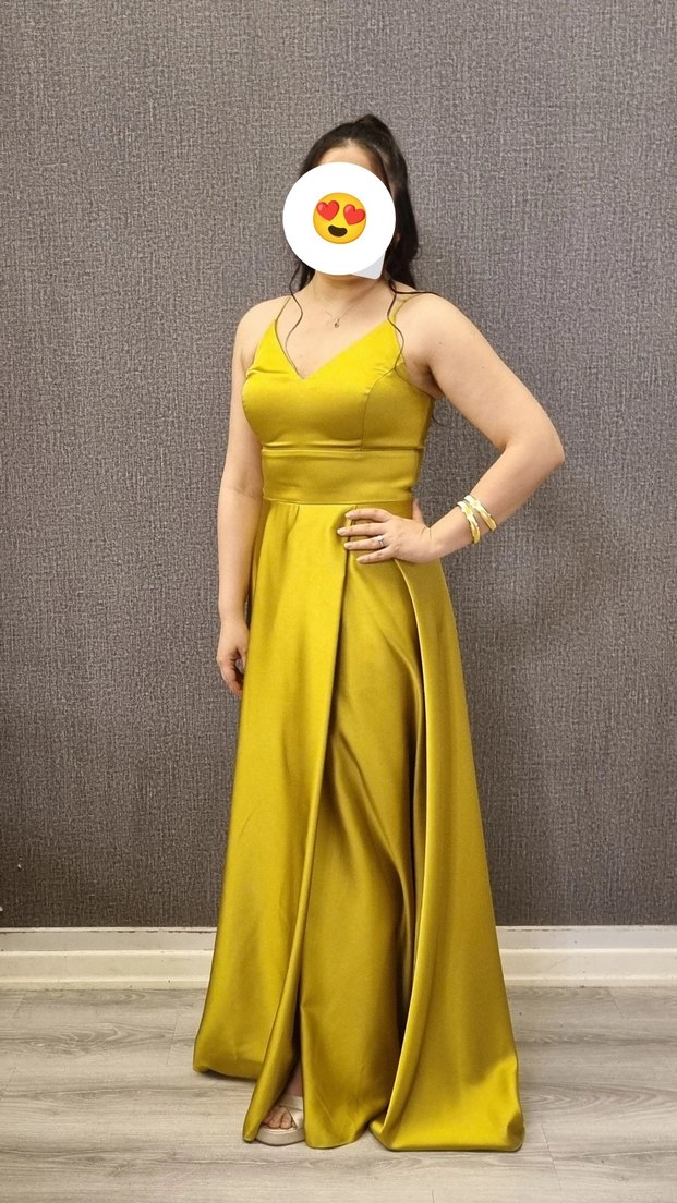 Yağ Yeşili Petrol Sarısı Drapeli Uzun Abiye Elbise - Görsel 5