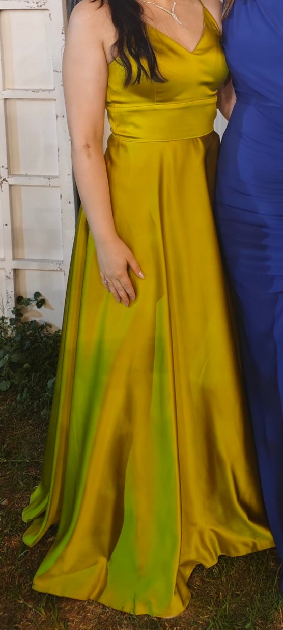Yağ Yeşili Petrol Sarısı Drapeli Uzun Abiye Elbise - Görsel 4