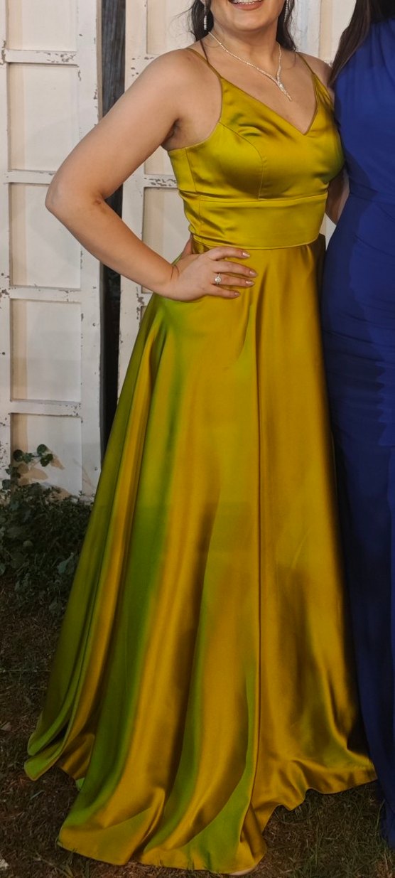 Yağ Yeşili Petrol Sarısı Drapeli Uzun Abiye Elbise - Görsel 3