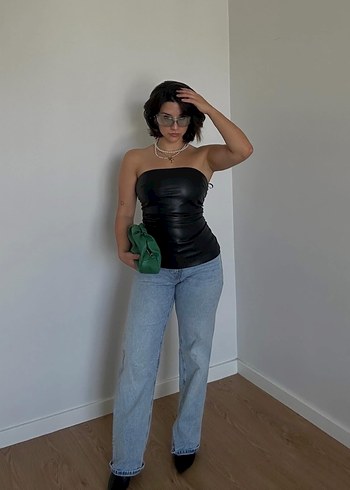 Siyah Deri Mini Straplez Bustiyer - Görsel 2