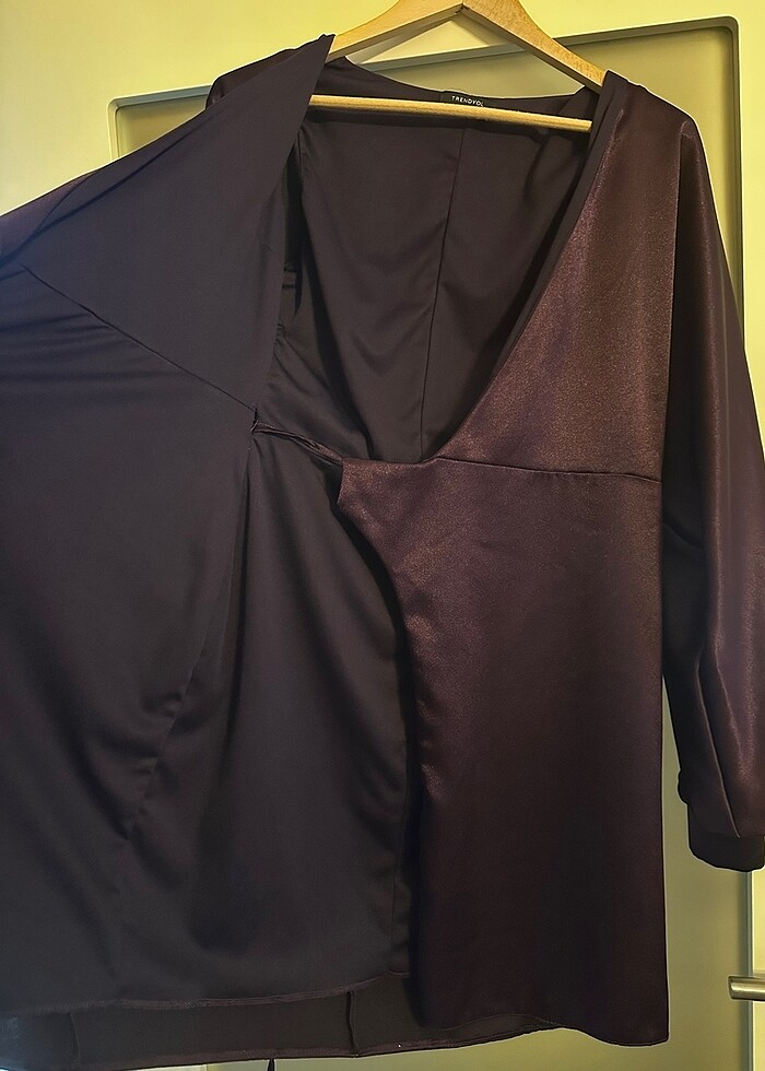 Mor balon kollu saten elbise - Görsel 3