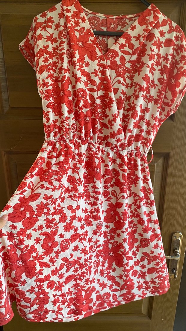 Çiçek Desenli Kırmızı Midi Bohem Elbise - Görsel 3